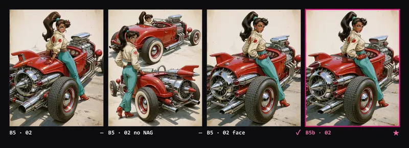 Contact sheet with four versions of the same scene of a red hot rod with a turbine at the tail: the flat-faced original, the test without negative guidance, the test with a semi-real face sentence and the final redone batch.
