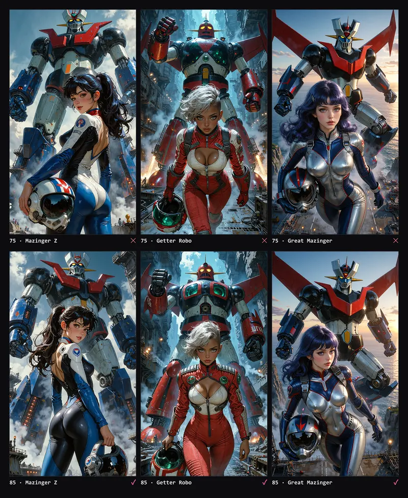 Contact sheet in two rows of three: the same three giant robots, each with a woman pilot, at a 75 / 25 balance on top and at 85 / 15 below.