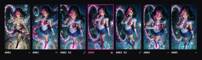 Contact sheet of seven Anime attempts, AN01 to AN05: Alexita as a magical girl and then in a sailor uniform, with a staff and a magic circle under her feet.