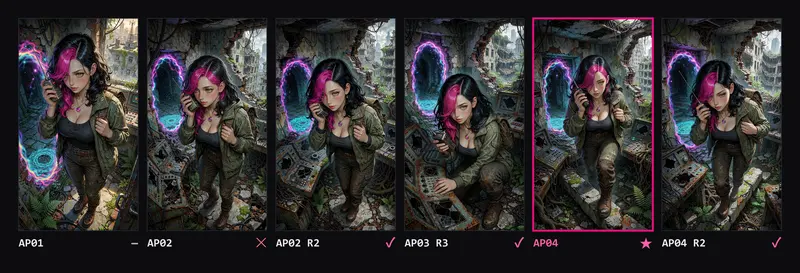 Contact sheet of six Apocalypse attempts: Alexita in a plant-covered ruin, radio in hand, with a portal in a broken wall.