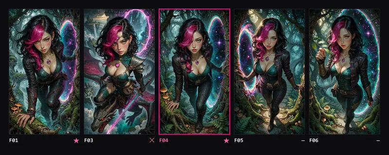 Contact sheet of five attempts from the Fantasy restart: F01, the F03 dragon, and variations F04, F05 and F06 of the same forest entrance.