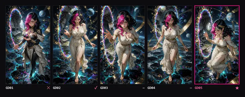 Contact sheet of five God attempts, GD01 to GD05: from an armored warrior to Alexita floating among planets in an ivory draped gown and a laurel crown, before a golden portal.