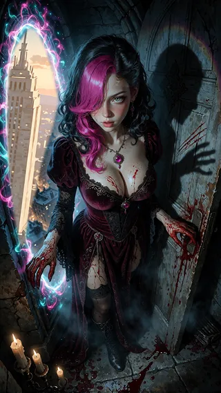 Alexita in a gothic cloister at night, in a burgundy dress, hands stained with blood and the shadow of a clawed hand.