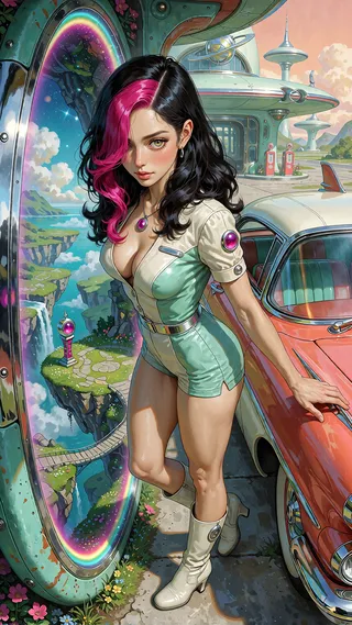 Alexita in a mint-green dress beside a red car, with a rainbow portal and a retro-futuristic station.