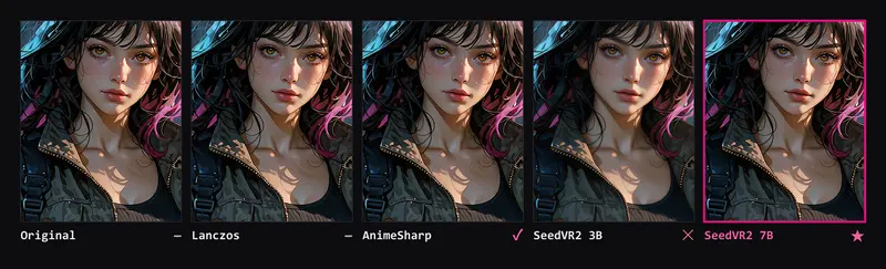 Contact sheet with five crops of the same face with black hair with pink and blue streaks under rain: the original and four 2× upscalers.